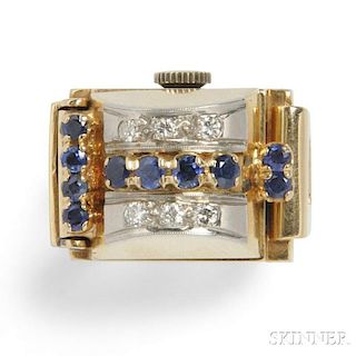 Retro 14kt Gold, Sapphire, and Diamond Ring Watch, Trabert & Hoeffer-Mauboussin