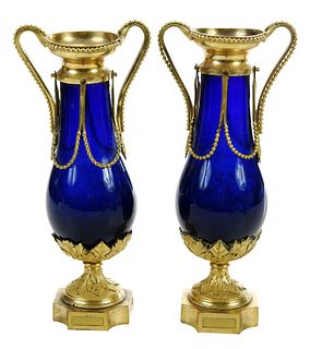 Pair Louis XVI Bronze Mounted Cobalt Glass Vases