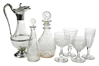 21 Pieces Assorted Glass Stemware, Three Decanters