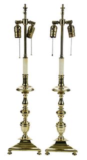 Pair of Tall Brass Candlestick Lamps