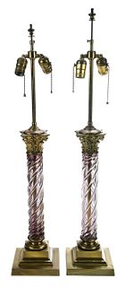 Pair of French Amethyst Glass Column Form Lamps