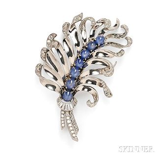 18kt White Gold, Star Sapphire, and Diamond Feather Brooch