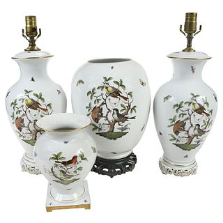 Pair Herend Rothschild Bird Table Lamps, Vases
