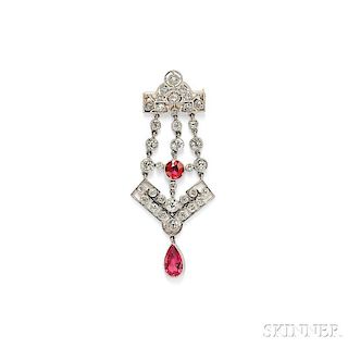 Platinum, Synthetic Ruby, and Diamond Brooch
