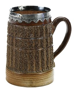 English Salt Glazed Silver Mounted Stoneware Mug