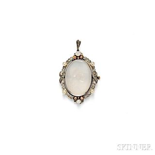 Edwardian Chalcedony Intaglio, Pearl, and Diamond Pendant/Brooch