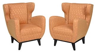 Pair Art Deco Style Yellow Upholstered Armchairs