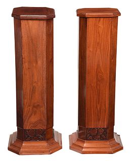 Pair Art Deco or Style Carved Mahogany Pedestals