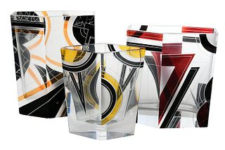 Three Czech Art Deco Enameled Glass Vases