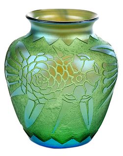 Steuben Blue Aurene Acid Cut Back Art Glass Vase