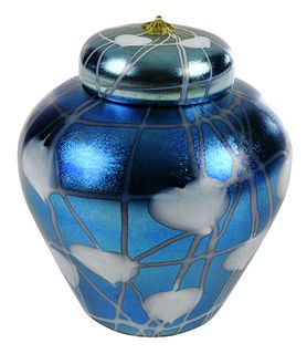 Durand Iridescent Blue Art Glass Ginger Jar