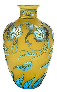 Steuben Blue Aurene Acid Cut Back Art Glass Vase