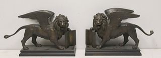Pair Of Patinated Bronze Winged Lions