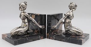Pair of Art Deco Marble Bookends & Silvered Bronze