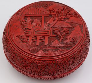 Chinese Carved Cinnabar Lidded Box.