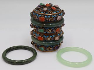 SILVER. Chinese Silver & Jade Bangle Lidded Vessel