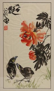 Chinese Watercolor Painting of a Crow and Flowers.