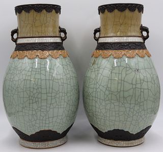 Pair of Signed Chinese Celadon Crackle-Glaze Vases