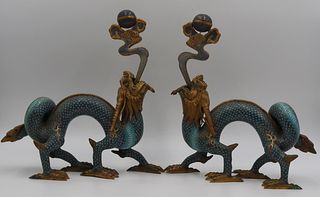 Pair of Chinese Cloisonne Dragon Candle Holders.