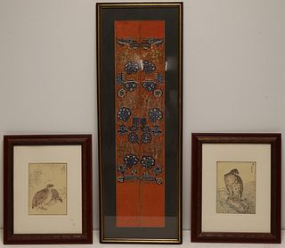 (2) Japanese Woodblocks and an Embroidered Panel.