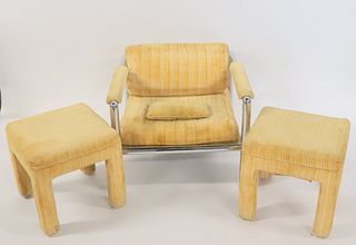 Midcentury Polished Steel Chair & 2 Stools