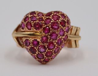 JEWELRY. 14kt Rose Gold and Ruby Heart Form Ring.