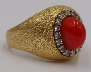 JEWELRY. 18kt Gold, Red Coral, and Diamond Ring.