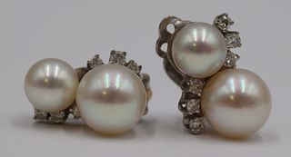 JEWELRY. Pair of 14kt Gold, Pearl, and Diamond Ear