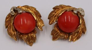 JEWELRY. Pair of 18kt Gold, Coral, and Diamond Ear