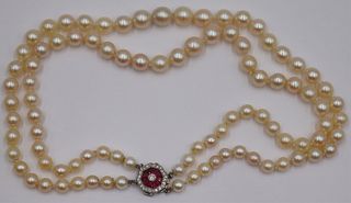JEWELRY. Double Strand Pearl Necklace with Ruby &