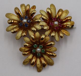 JEWELRY. 18kt Gold, Colored Gem, and Pearl Brooch.