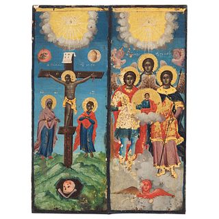 RUSSIAN ICON, 19TH CENTURY, CRUCIFIED CHRIST AND ANGELS Oil on wood Conservation details 10.2 x 7.6" (26 x 19.5 cm)