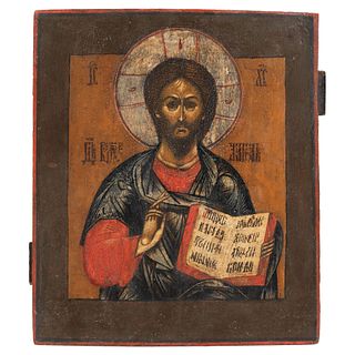 RUSSIAN ICON, 19TH CENTURY CHRIST PANTOCRATOR Oil on wood Conservation details 12.2 x 10.6" (31 x 27 cm)