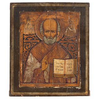 RUSSIAN ICON, 19TH CENTURY ST NICHOLAS Oil on wood Conservation details 12.2 x 10.2" (31 x 26 cm)