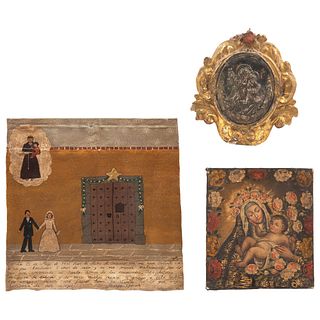MIXED LOT MEXICO, 19TH CENTURY Consists of: A)Ex-voto, oil on sheet, signed and dated 93 B)Santa Rosa de Lima, óleo sobre tela C)Medallion