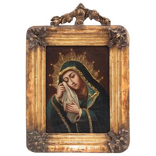 OUR LADY OF SORROWS MEXICO, 18TH CENTURY Oil on canvas Frame in carved and gilded wood Inscription on back 8.8 x 11.8" (22.5 x 30 cm)