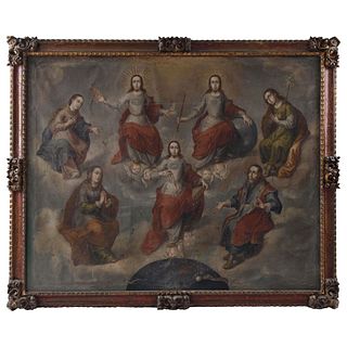 SANTÍSIMA TRINIDAD RODEADA POR LA VIRGEN MARÍA, SAN JOSÉ, SANTA ANA Y SAN JOAQUÍN MEXICO, 18TH CENTURY Oil on canvas 82.6 x 65.7" (210 x 167 cm)