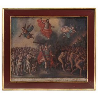 EL JUICIO FINAL 18TH CENTURY Oil on canvas Illegible sign Conservation details Perforations and tears 20 x 24" (51 x 61 cm)