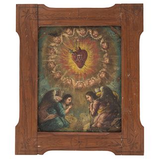 ANONYMOUS, INMACULADO CORAZÓN DE MARÍA, MEXICO, EARLY 20TH CENTURY, Oil on copper sheet, 8.6 x 6.6" (22 x 17 cm), Wooden frame
