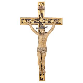 CHRIST ON THE CROSS, MEXICO, LATE 19TH CENTURY, Gilded and polychrome wood carving, Crown of thorns with silver elements, 53.5 x 27.5" (136 x 70 cm)