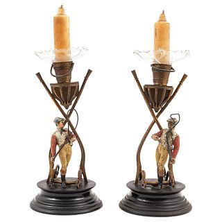 PAIR OF LAMPS EARLY 20TH CENTURY Made in wood For one light Shaft in manner of jockey 14.1" (36 cm)