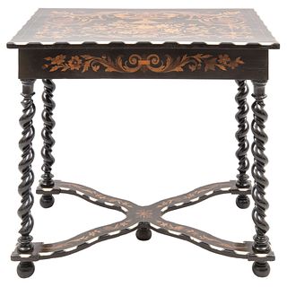 TABLE FRANCE, EARLY 20TH CENTURY Carved wood and marquetry Drawer "X" shaped stretcher, 27.5 x 32.2 x 21.2" (70 x 82 x 54 cm)