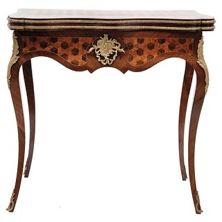 GAME TABLE EARLY 20TH CENTURY Carved and marqueted wood with gold metal applications 30.7 x 29.1 x 15.7"  (78 x 74 x 40 cm)