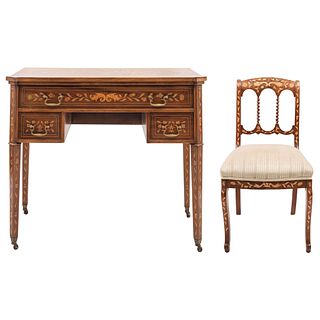 DESK WITH CHAIR FRANCE, 20TH CENTURY Carved wood and marquetry, three drawers Wheel system 32.2 x 38.1 x 19.2" (82 x 97 x 49 cm)