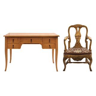 DESK WITH ARMCHAIR GERMANY, 19TH CENTURY Biedermeier Style Carved wood and marquetry 29.9 x 47.2 x 25.5" (76 x 120 x 65 cm)