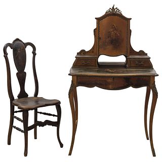 DRESSING TABLE WITH CHAIR FRANCE, 20TH CENTURY Made of carved wood and metal applications 48 x 31.4" (122 x 80 cm)