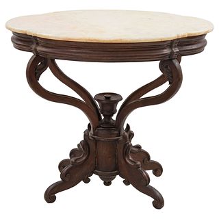 TABLE AUSTRIA, 20TH CENTURY Made of carved wood and marble top Conservation details 29.1 x 23.6 x 33" (74 x 60 x 84 cm)