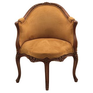 ARMCHAIR FRANCE, EARLY 20TH CENTURY Carved in wood three front supports and one in back. Mustard colored upholstery 35.4" (90 cm) tall