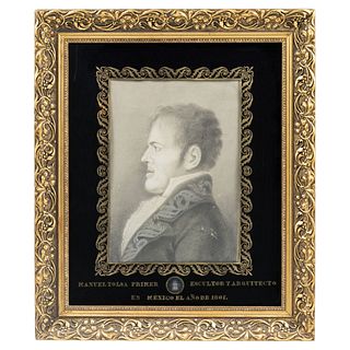 RETRATO DE MANUEL TOLSÁ MEX., 19TH CENTURY Graphite and pastels on paper Golden legend on mat and framed medal at the bottom 14.9 x 10.6" (38x27 cm)