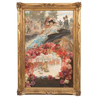MARIANO BENLLIURE Y GIL (SPAIN, 1862-1946) DAMAS EN CARRUAJE Y ESCENA TAURINA Oil on canvas 55.5 x 35.4" (141 x 90 cm)